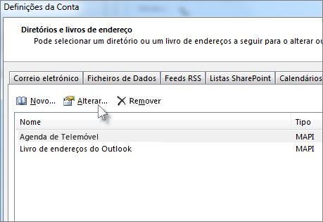 Clique no livro de endereços que pretende e, em seguida, clique em Alterar.