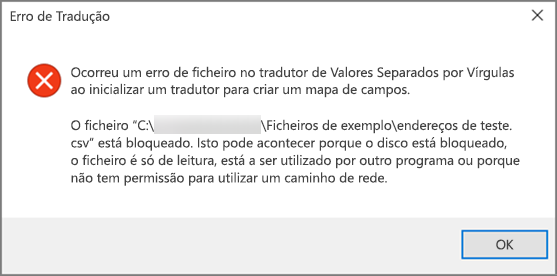 Esta é a mensagem de erro que irá receber se o seu ficheiro de .csv tiver dados mal formatados.