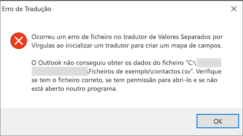 Esta é a mensagem de erro que irá receber quando o ficheiro de .csv estiver vazio.