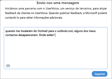Um exemplo do que poderá escrever para nos informar de que os seus contactos estão em falta.