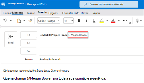 O nome completo e o e-mail das pessoas mencionadas são apresentados por predefinição