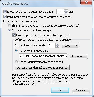 Caixa de diálogo Arquivar automaticamente definições