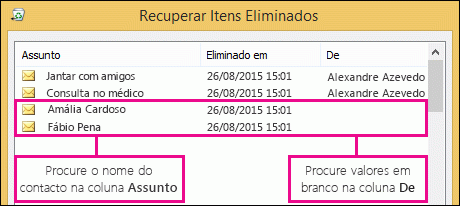 Ordenar nas colunas Assunto ou De para localizar contactos