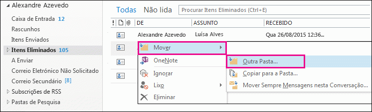 Clique em Mover e, em seguida, clique em Outra Pasta