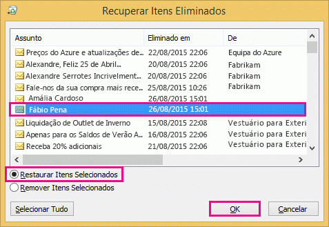 Selecione um contacto a restaurar e clique em OK