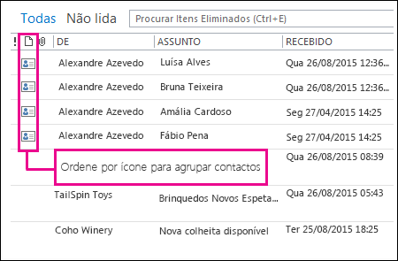 Ordenar por ícone para agrupar contactos na pasta Itens Eliminados