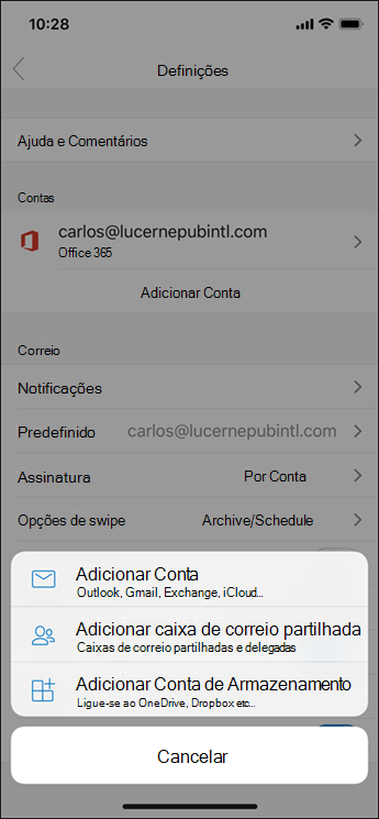 Adicionar uma conta à aplicação Outlook