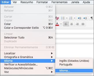 Outlook 2016 para Mac Editar > Menu Idioma