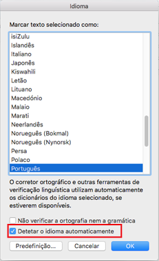 Definição Detetar o Idioma Automaticamente no Outlook 2016 para Mac