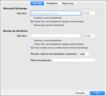 Definições do servidor de conta do Exchange