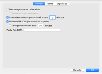 Definições do servidor de conta IMAP do Outlook 2016 para Mac