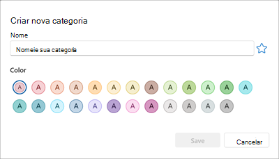 Painel para criar uma nova categoria de cores
