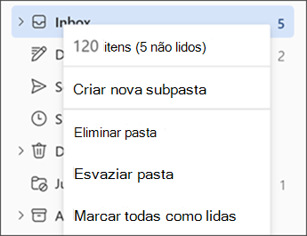 Captura de ecrã a mostrar o menu ao clicar com o botão direito do rato numa pasta