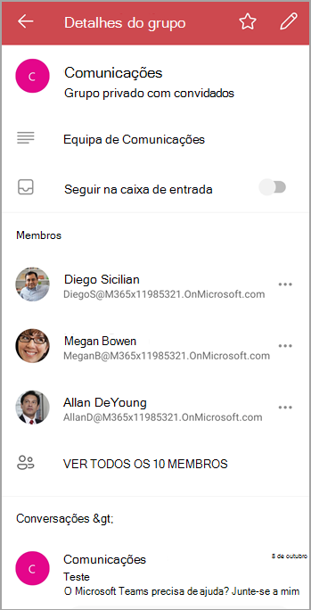 O ecrã de detalhes do grupo mostra membros, ficheiros e tem um botão de alternar para seguir ou desacompanhar os e-mails do grupo na sua caixa de entrada pessoal.