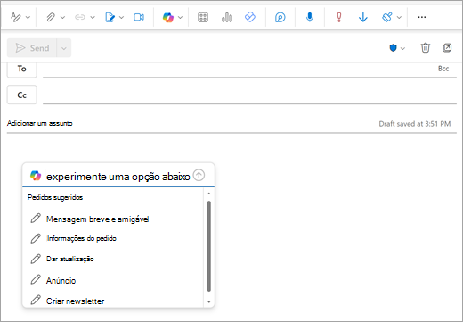 Mostra a página de correio do Novo Outlook com uma janela de aviso aberta onde normalmente começa a escrever o seu e-mail.