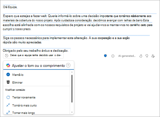 Mostra a página de correio do Novo Outlook com um rascunho criado pelo Outlook. Abaixo do rascunho encontram-se opções para manter, eliminar ou alterar o rascunho.