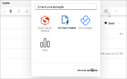 O menu de lista de opções Aplicações do friso de uma mensagem que está a ser composta no Outlook na Web e no novo Outlook para Windows.