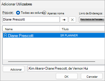 Captura de ecrã a mostrar a adição de utilizadores para partilhar uma pasta com