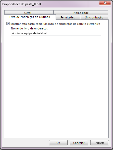 Certifique-se de que a caixa de verificação Mostrar esta pasta como um Livro de Endereços de e-mail está selecionada.