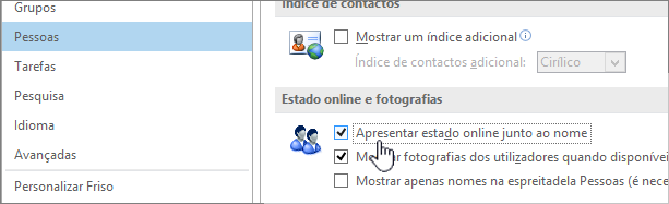 People separador na caixa de diálogo Opções com a opção Apresentar estado online realçada