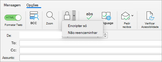 A mostrar o botão Encriptar numa mensagem de e-mail