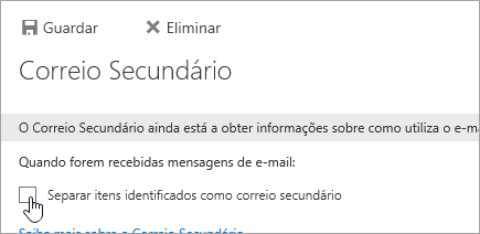 Para desativar a funcionalidade correio secundário, desmarque as seleções nesta página e, em seguida, selecione Guardar.