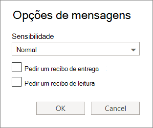 Uma captura de ecrã mostra a caixa de diálogo Opções de Mensagem a mostrar opções para definir um nível de Confidencialidade e pedir um recibo de entrega ou leitura.