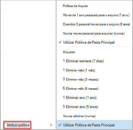 Clicar com o botão direito do rato na mensagem para ver as opções de atribuição de políticas