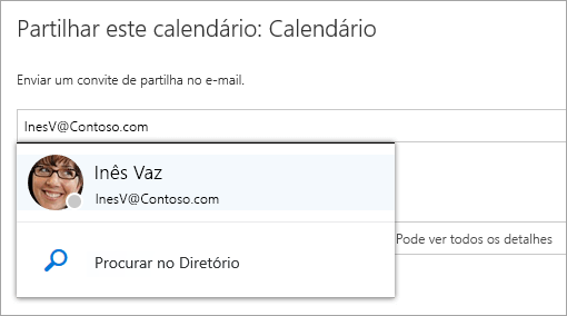 Uma captura de écran da caixa de diálogo Partilhar este calendário.