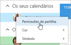 Uma captura de ecrã do menu de contexto de O Seu Calendário, com a opção Permissões de partilha selecionada.