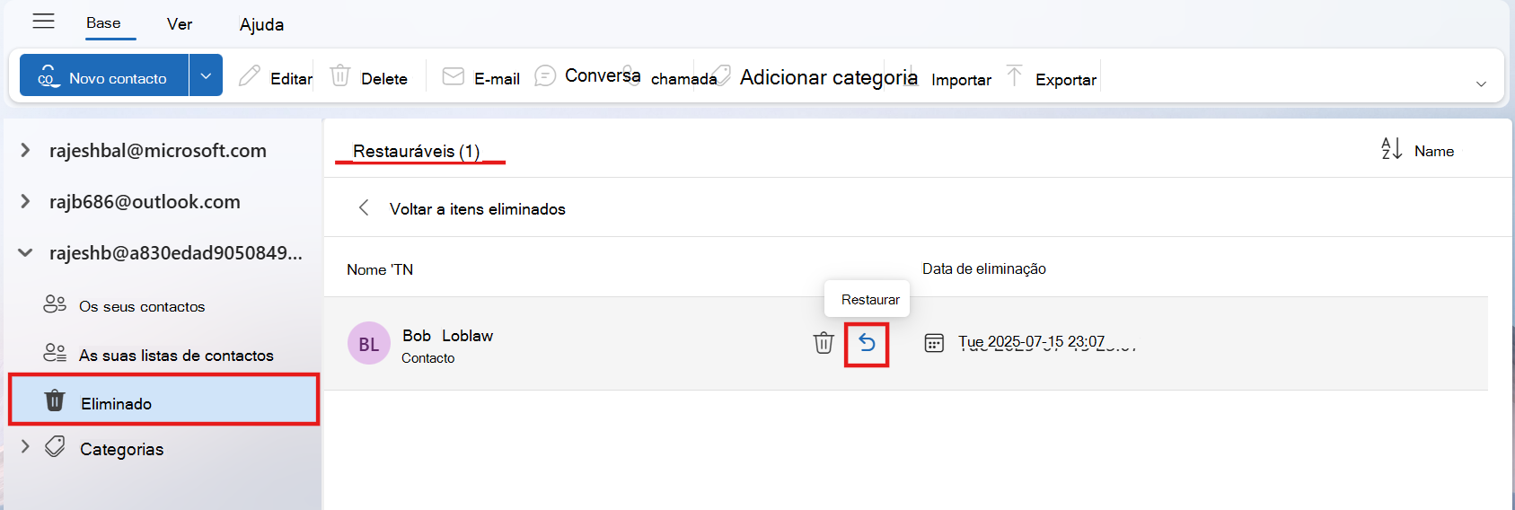 Captura de ecrã a mostrar a pasta restabelecida que apresenta um contacto com destaques no ícone Restaurar e a mostrar o nome da pasta a restaurar