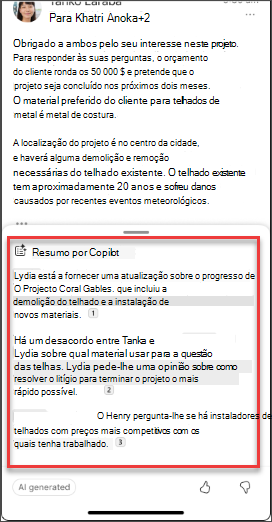 Um resumo de e-mail do Copilot no iOS e no Android