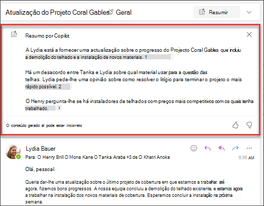 Resumo do tópico de e-mail com citações criadas pela Copilot.