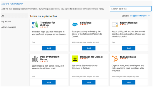 A caixa de diálogo Suplementos para Outlook no Outlook para Mac