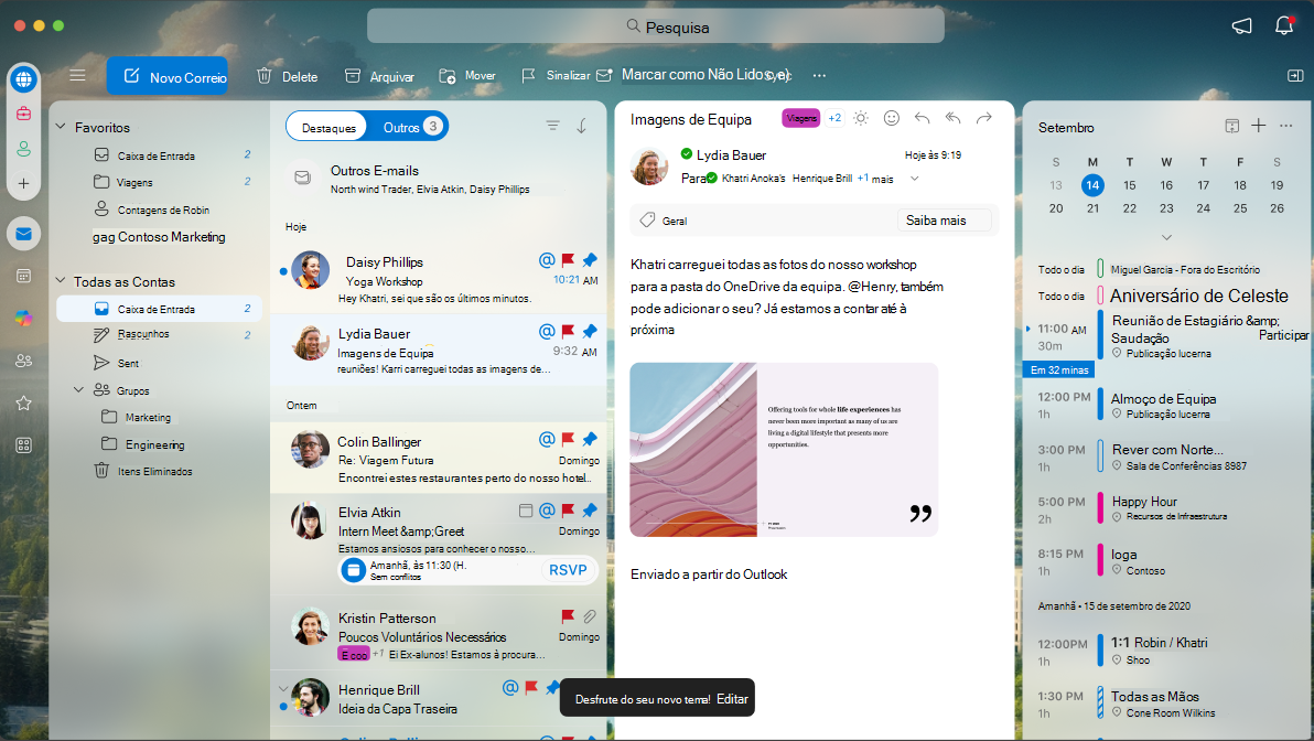 Um ecrã a mostrar o aspeto de um tema quando é aplicado no Outlook para Mac