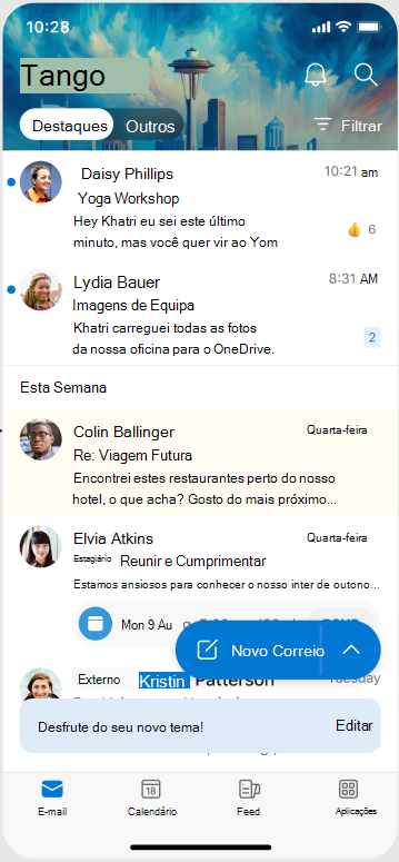 Um ecrã a mostrar o aspeto de um tema quando é aplicado no Outlook Mobile