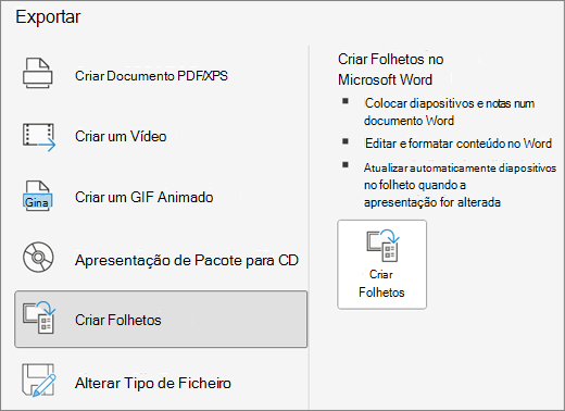 Captura de ecrã do botão Exportar criar folhetos.