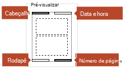 A imagem Pré-visualização indica os itens que serão apresentados nas páginas de Notas impressas.