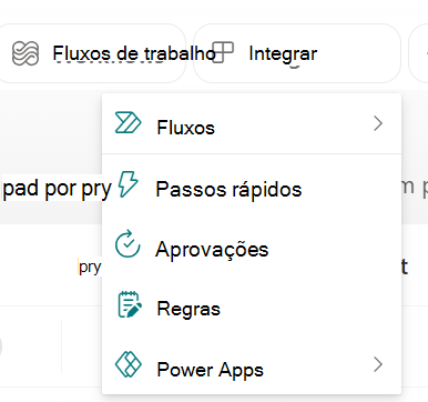 Captura de ecrã que mostra o menu pendente Integrar.