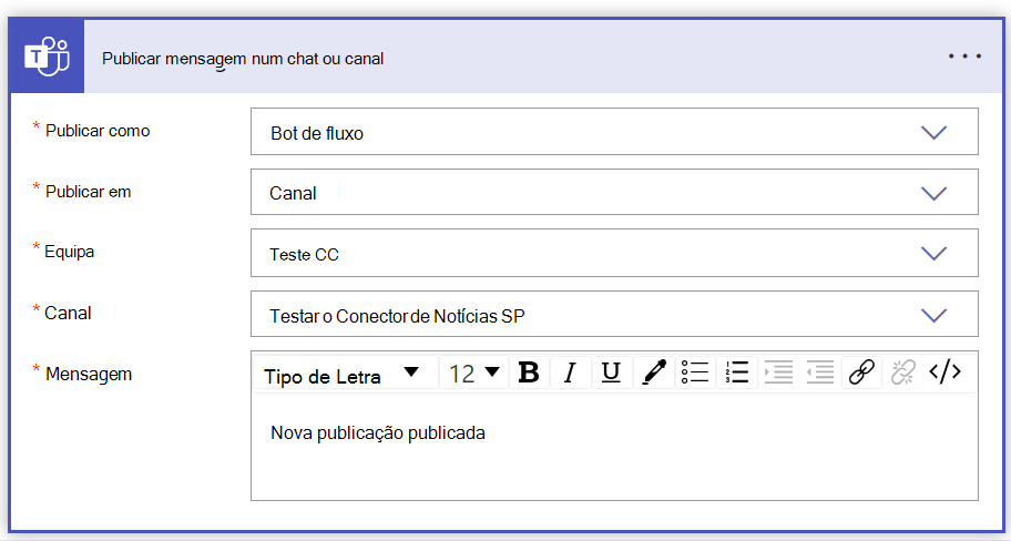 captura de ecrã da mensagem post no formulário de canal de chat preenchido