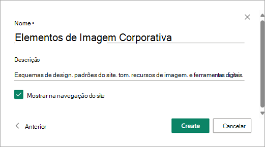 Depois de preencher o nome e a descrição da biblioteca que pretende, selecione Criar.