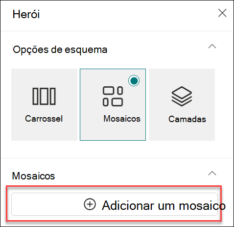 captura de ecrã de Adicionar um mosaico para peça Web hero