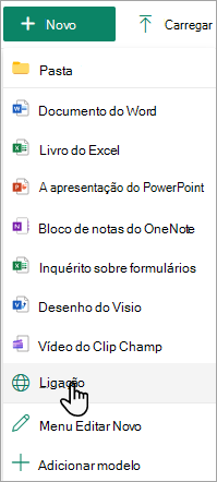 Captura de ecrã a mostrar o comando Ligar no menu Novo.