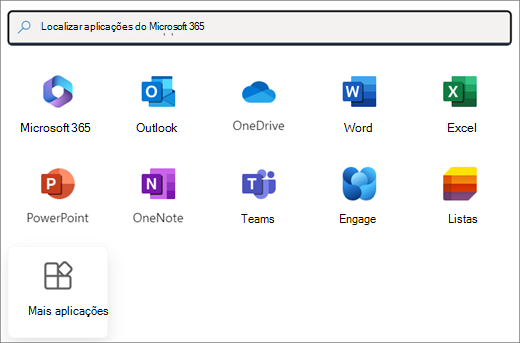Uma seleção de aplicações do Microsoft 365. O último mosaico é Mais aplicações.