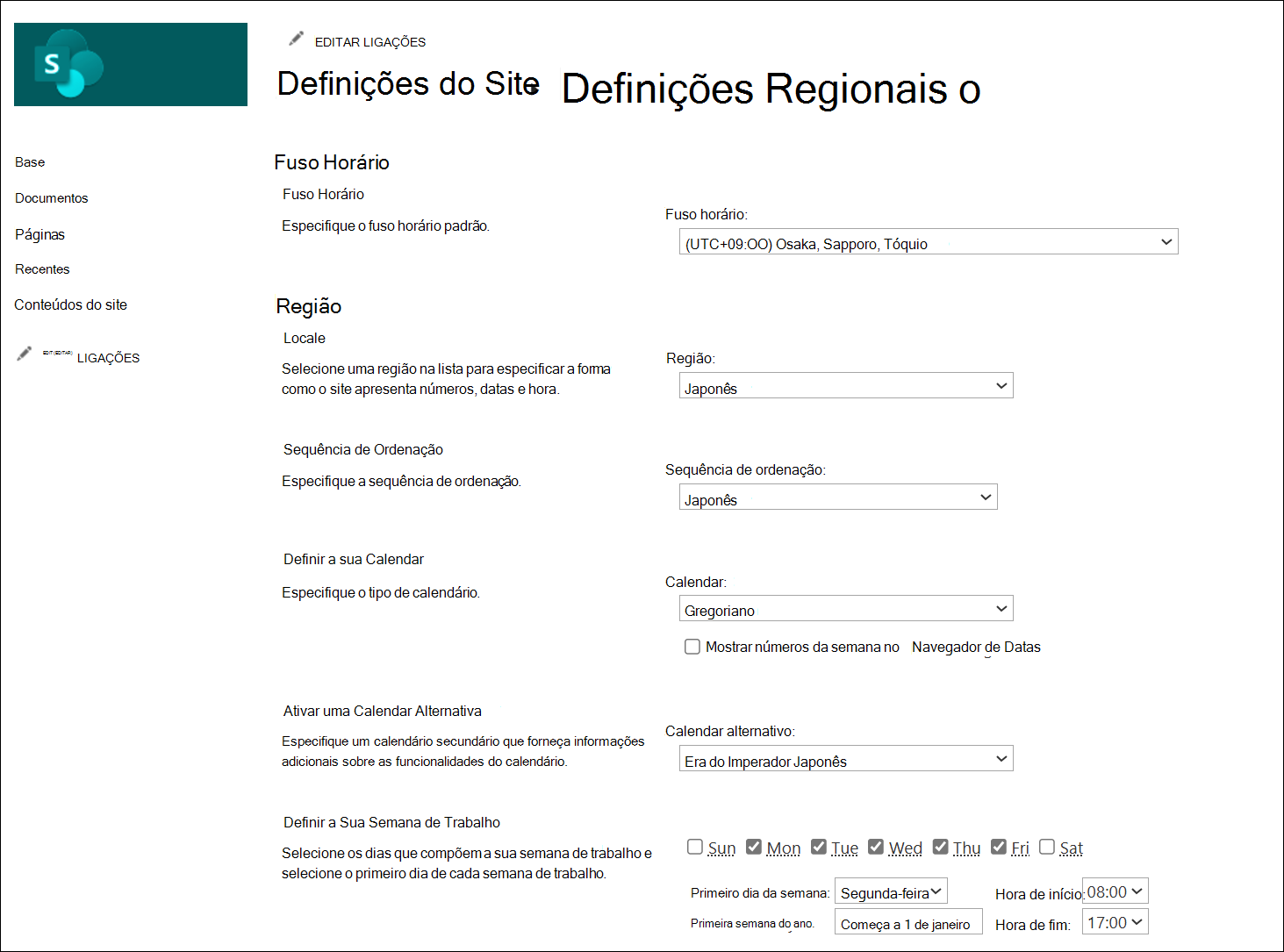 captura de ecrã das opções de alterar região