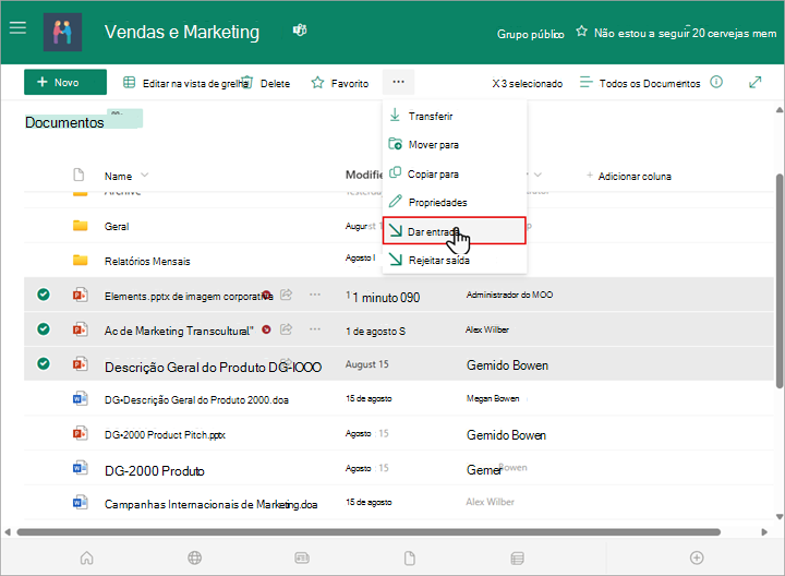 Pode selecionar e dar entrada de múltiplos ficheiros na sua biblioteca do SharePoint.