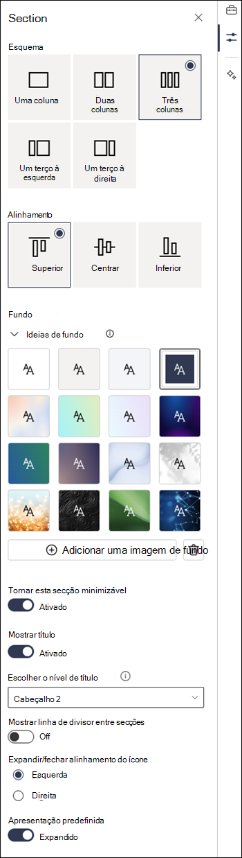 Painel de propriedades da secção com definições minimizáveis ativadas