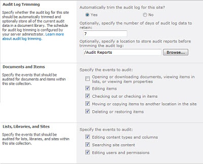 página Configurar Definições de Auditoria