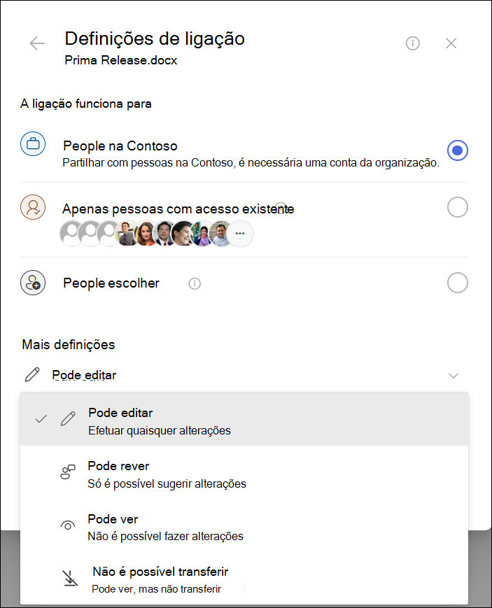 Captura de ecrã a mostrar as definições de copiar ligação