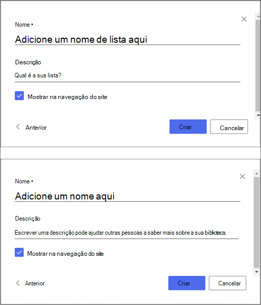 A parte superior da imagem é uma janela para introduzir informações para uma lista em branco e a parte inferior da imagem é uma janela para criar uma biblioteca de documentos.
